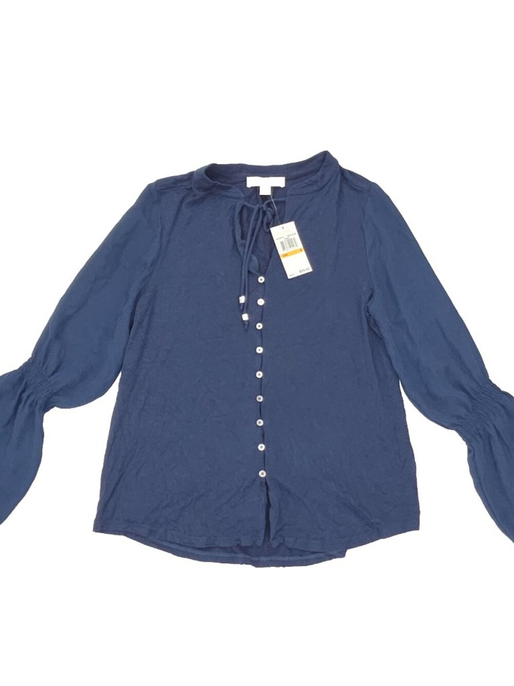 Michael Kors Button Shirt Blouse Womens Small Blue Long Sheer Flounce Sleeve Tie